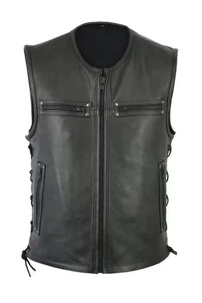 Leather Work Vest - Yeni Düz Renk Dik Yaka Deri